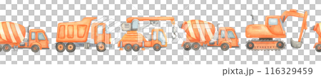 Seamless watercolor border with construction vehicles. Hand drawn clipart set on isolated background. Nursery wall art for boys, frames and fabrics. Seamless watercolor border with construction vehicles. Hand drawn clipart set on isolated background. Nursery wall art for boys, frames and fabrics. 116329459