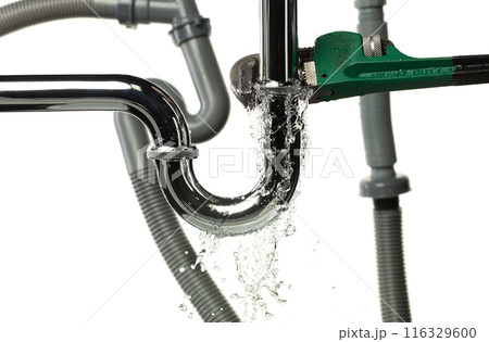 Heavy Duty Wrench fix Water leak under sink. Drain sink leak water from many pipe hose plumbing in bathroom and repair by wrench tools as water splash drop. White background isolated 116329600