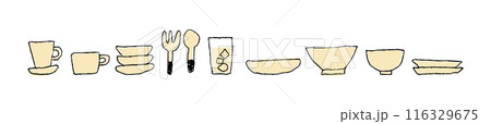 コップやお皿などの食器のゆるい手描きの線画_横長_黒とベージュ コップやお皿などの食器のゆるい手描きの線画_横長_黒とベージュ 116329675
