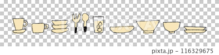 コップやお皿などの食器のゆるい手描きの線画_横長_黒とベージュ コップやお皿などの食器のゆるい手描きの線画_横長_黒とベージュ 116329675