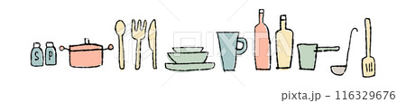 調理道具と食器のゆるい手描きの線画_横長_カラー 調理道具と食器のゆるい手描きの線画_横長_カラー 116329676