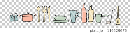 Loose hand-drawn line drawings of cooking utensils and tableware_horizontal_color 116329676