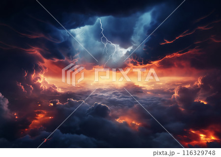 dramatic stormy sky with lightning and dark cumulus clouds aerial view for abstract background 116329748