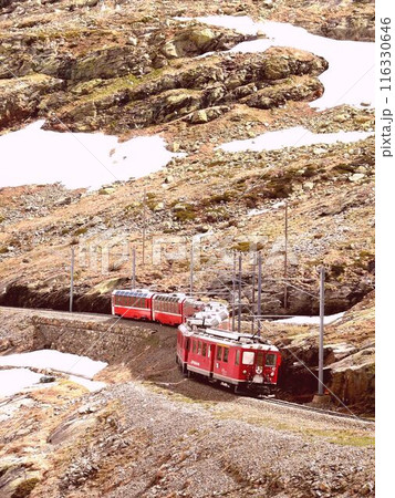 レーティッシュ鉄道ベルニナ線の赤い電車が「白い湖(ラーゴビアンコ)」沿いのエス字カーブを走ります。 レーティッシュ鉄道ベルニナ線の赤い電車が「白い湖(ラーゴビアンコ)」沿いのエス字カーブを走ります。 116330646