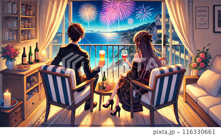 花火　カップル　お酒 116330661