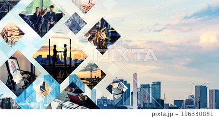 様々なビジネスシーンのコラージュ　バナー・広告向け横長ビジュアル 116330881