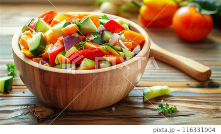 木のボウルに入った新鮮でカラフルな野菜のサラダ 116331004
