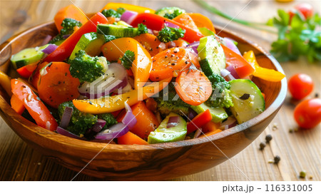 木のボウルに入った新鮮でカラフルな野菜のサラダ 116331005