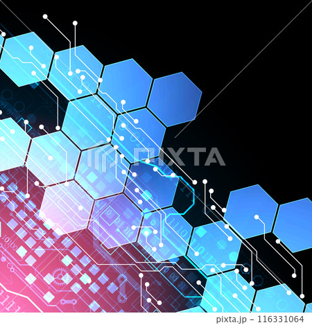 Abstract circuit board and hexagons on gradient color background. Hi-tech digital technology concept. Vector 116331064