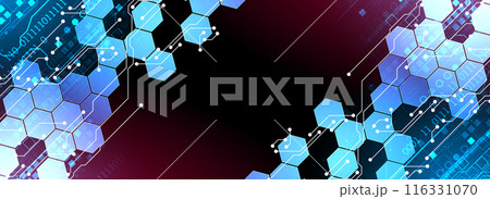 Abstract circuit board and hexagons on gradient color background. Hi-tech digital technology concept. Vector 116331070