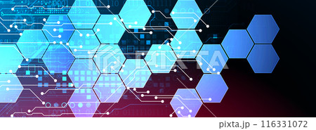 Abstract circuit board and hexagons on gradient color background. Hi-tech digital technology concept. Vector 116331072