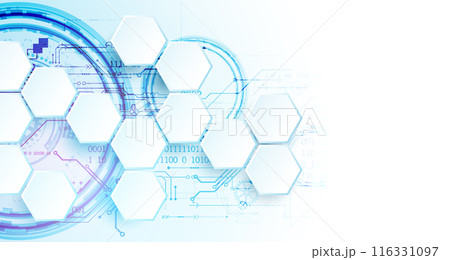 Abstract circuit board and hexagons on gradient color background. Hi-tech digital technology concept. Vector 116331097