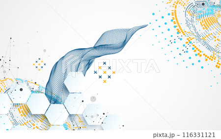 Halftone theme vector with wireframe wave. Science abstract background with connecting dots and lines. Halftone theme vector with wireframe wave. Science abstract background with connecting dots and lines. 116331121
