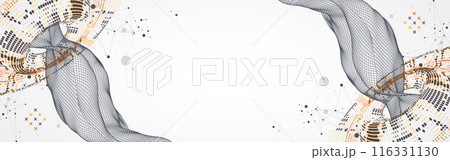 Halftone theme vector with wireframe wave. Science abstract background with connecting dots and lines. 116331130