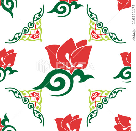 Floral pattern Tatar Native Ornamental border with tulips. Culture of the Tatar people, symbols of green and red 116331172