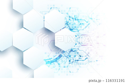 Abstract circuit board and hexagons on gradient color background. Hi-tech digital technology concept. Vector 116331191