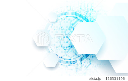 Abstract circuit board and hexagons on gradient color background. Hi-tech digital technology concept. Vector 116331196