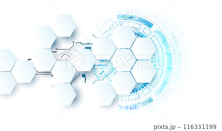 Abstract circuit board and hexagons on gradient color background. Hi-tech digital technology concept. Vector 116331199