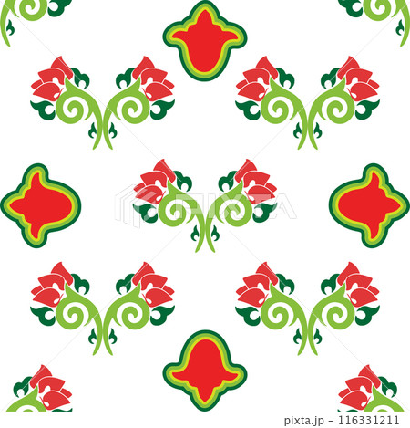 Floral pattern Tatar Native Ornamental border with tulips. Culture of the Tatar people, symbols of green and red Floral pattern Tatar Native Ornamental border with tulips. Culture of the Tatar people, symbols of green and red 116331211