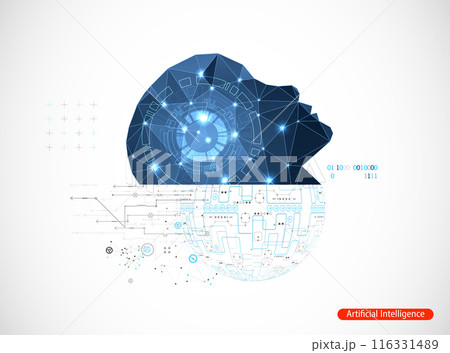 Artificial Intelligence. Technical background with a silhouette of a man. Big data concept. Machine cyber mind. 116331489