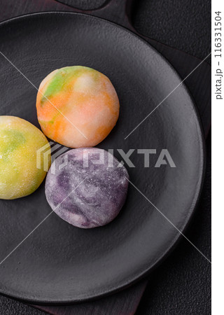 Delicious sweet chilled mochi desserts with fruit filling Delicious sweet chilled mochi desserts with fruit filling 116331504