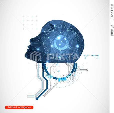 Artificial Intelligence. Technical background with a silhouette of a man. Big data concept. Machine cyber mind. 116331506