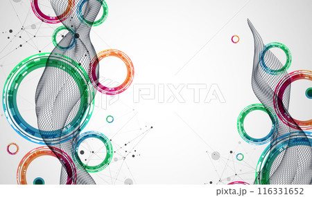 The abstract wave is made in a frame style. Template for science and technology presentation with circles. Hand drawn vector art. The abstract wave is made in a frame style. Template for science and technology presentation with circles. Hand drawn vector art. 116331652