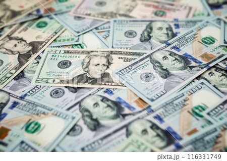 Money background of US dollar banknotes. Close up view 116331749