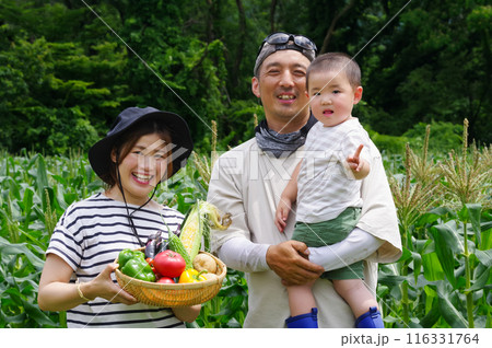 自然に囲まれて農業をしている家族 116331764