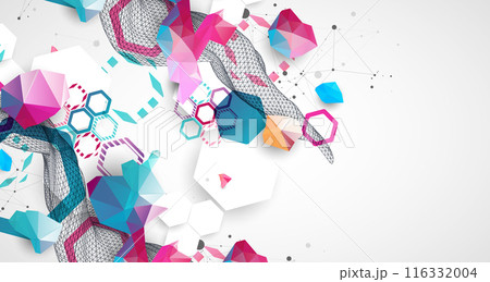 Abstract wave with colorful hexagons and plexus effect. Scientific and technological background. Vector. 116332004