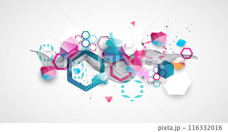 Abstract wave with colorful hexagons and plexus effect. Scientific and technological background. Vector. 116332016
