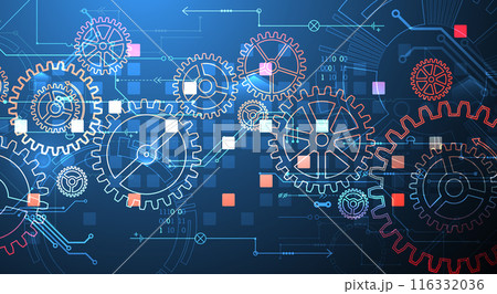 Gear wheel technology pattern on gradient background. Hand drawn vector. 116332036