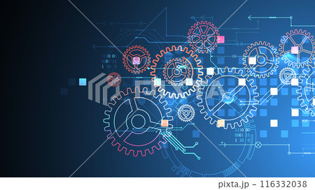 Gear wheel technology pattern on gradient background. Hand drawn vector. 116332038