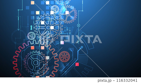 Gear wheel technology pattern on gradient background. Hand drawn vector. Gear wheel technology pattern on gradient background. Hand drawn vector. 116332041