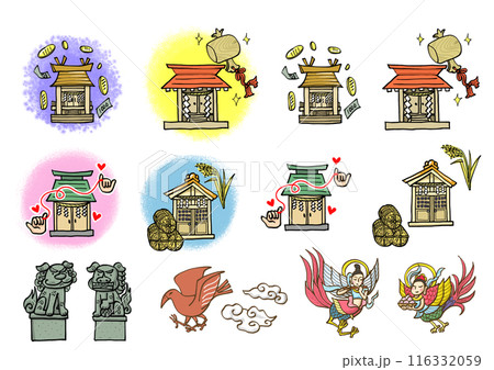 神社セット　狛犬　縁結　びかわいい手描きイラスト 116332059