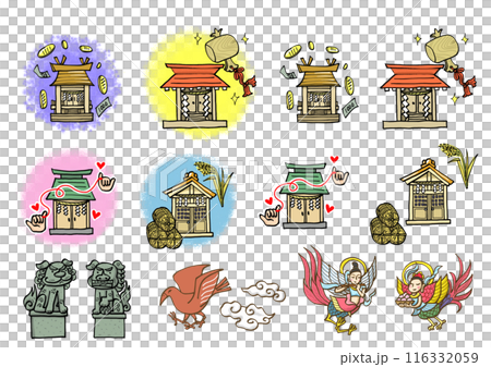神社セット　狛犬　縁結　びかわいい手描きイラスト 116332059