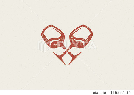 Crossed glasses with wine silhouettes hand drawn stamp effect vector illustration. Crossed glasses with wine silhouettes hand drawn stamp effect vector illustration. 116332134