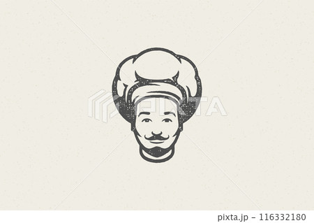 Logo icon head of smiling male cook silhouette in chef hat hand drawn stamp effect vector illustration 116332180
