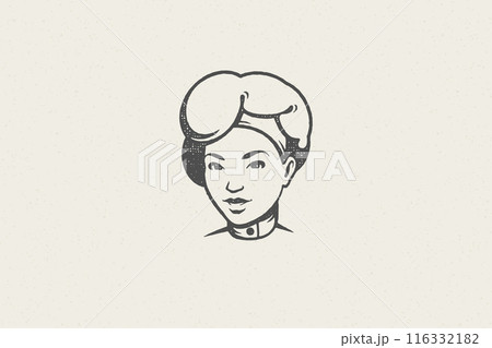 Woman head in traditional chef cap silhouette work in kitchen hand drawn stamp effect vector illustration 116332182