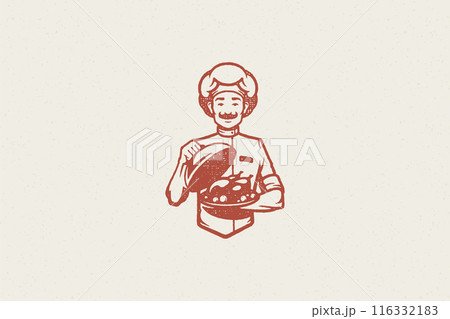 Positive male chef with mustache holding cloche over tray with whole roasted chicken hand drawn stamp 116332183