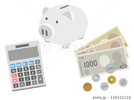 お金と貯金箱と電卓のイラスト_白_24年の新札版	 116332218
