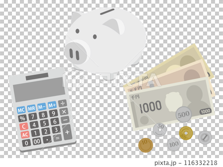 お金と貯金箱と電卓のイラスト_白_24年の新札版	 116332218