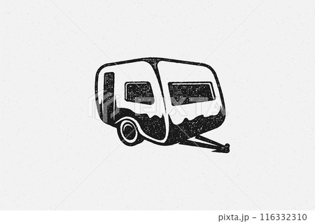 Silhouette of retro camper designed as emblem road trip in countryside hand drawn stamp effect vector illustration. Silhouette of retro camper designed as emblem road trip in countryside hand drawn stamp effect vector illustration. 116332310