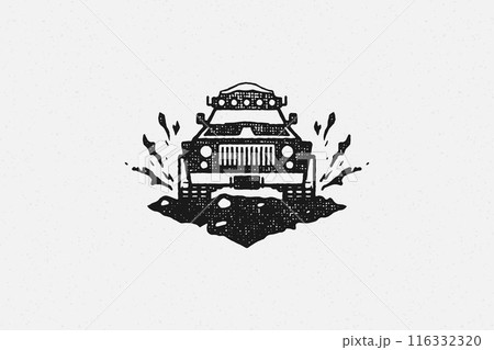 Black silhouette of off road car designed as symbol of travel through nature hand drawn stamp effect vector illustration Black silhouette of off road car designed as symbol of travel through nature hand drawn stamp effect vector illustration 116332320