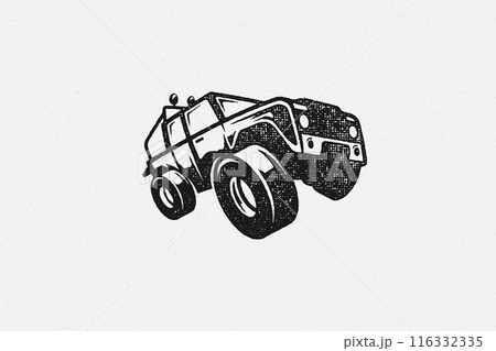 Black silhouette of off road car designed as symbol of travel through nature hand drawn stamp effect vector illustration Black silhouette of off road car designed as symbol of travel through nature hand drawn stamp effect vector illustration 116332335