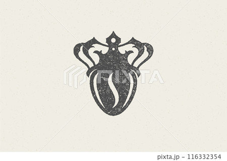 Black silhouette of coffee bean with crown high quality drink hand drawn stamp effect vector illustration. 116332354