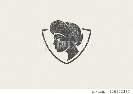 Shield shaped badge with silhouette of head of female chef cook hand drawn stamp effect vector illustration. 116332386
