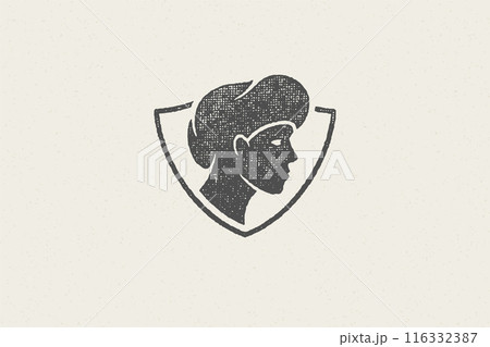 Shield shaped badge with silhouette of head of male chef cook hand drawn stamp effect vector illustration. 116332387