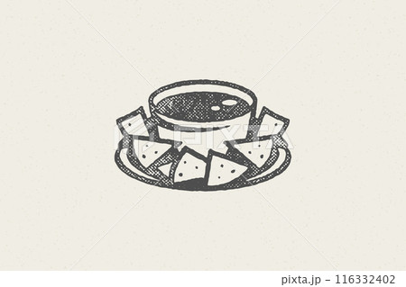 Mexican nachos silhouette into bowl with sauce for fast food hand drawn stamp effect vector illustration 116332402