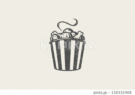 Hot fried chicken drumsticks silhouette in striped bucket hand drawn stamp effect vector illustration. 116332408